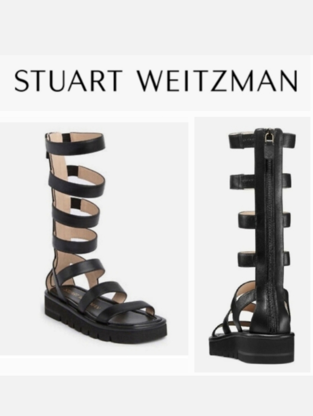 Stuart Weitzman "Gala Lift" Leather Gladiator Sandals Black Leather 5½ Bohochic